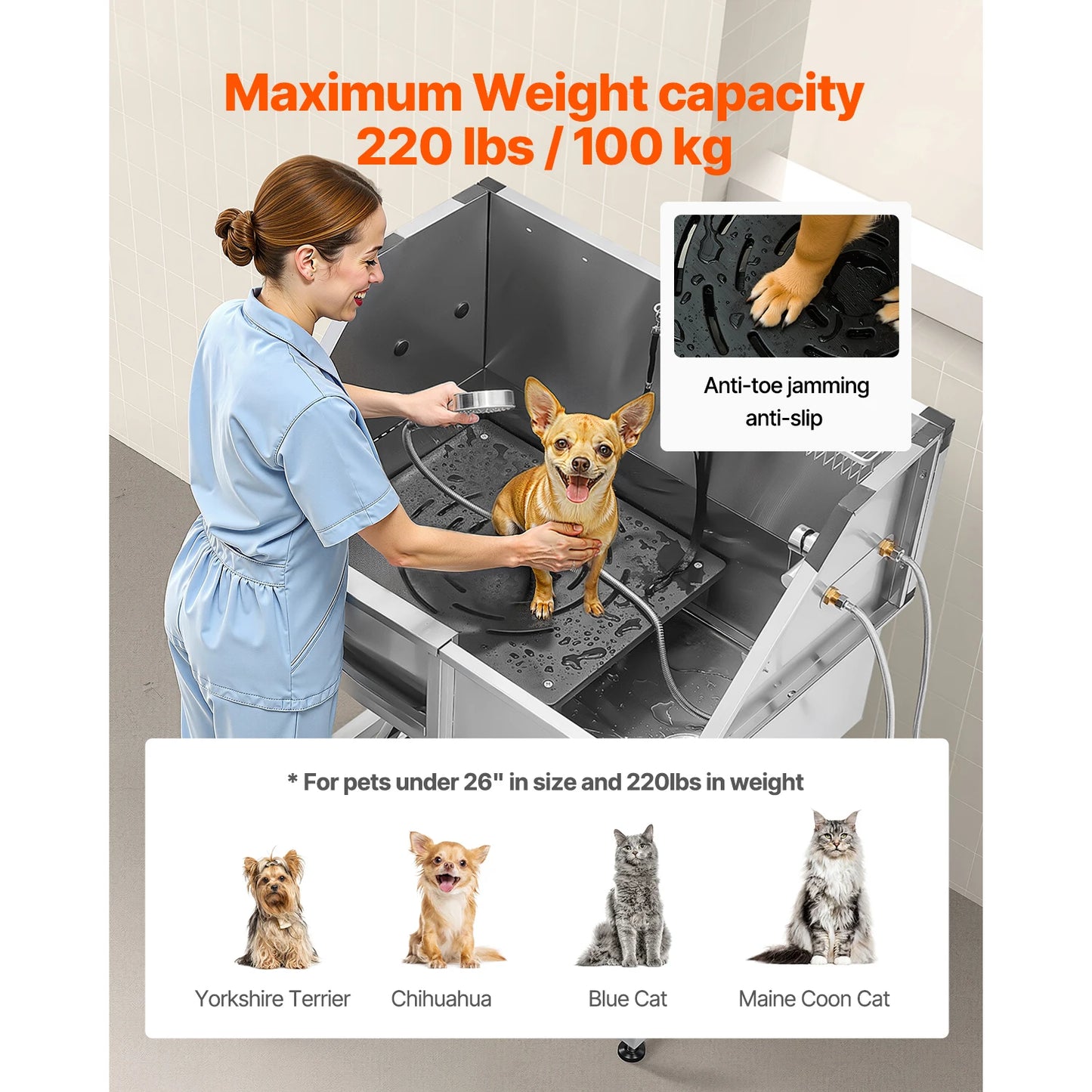 SucceBuy Stainless Steel Dog Washing Station 38in Pet Grooming Tub w/ Storage Stairs Faucet & Showerhead&Soap Holder Dog Bathtub