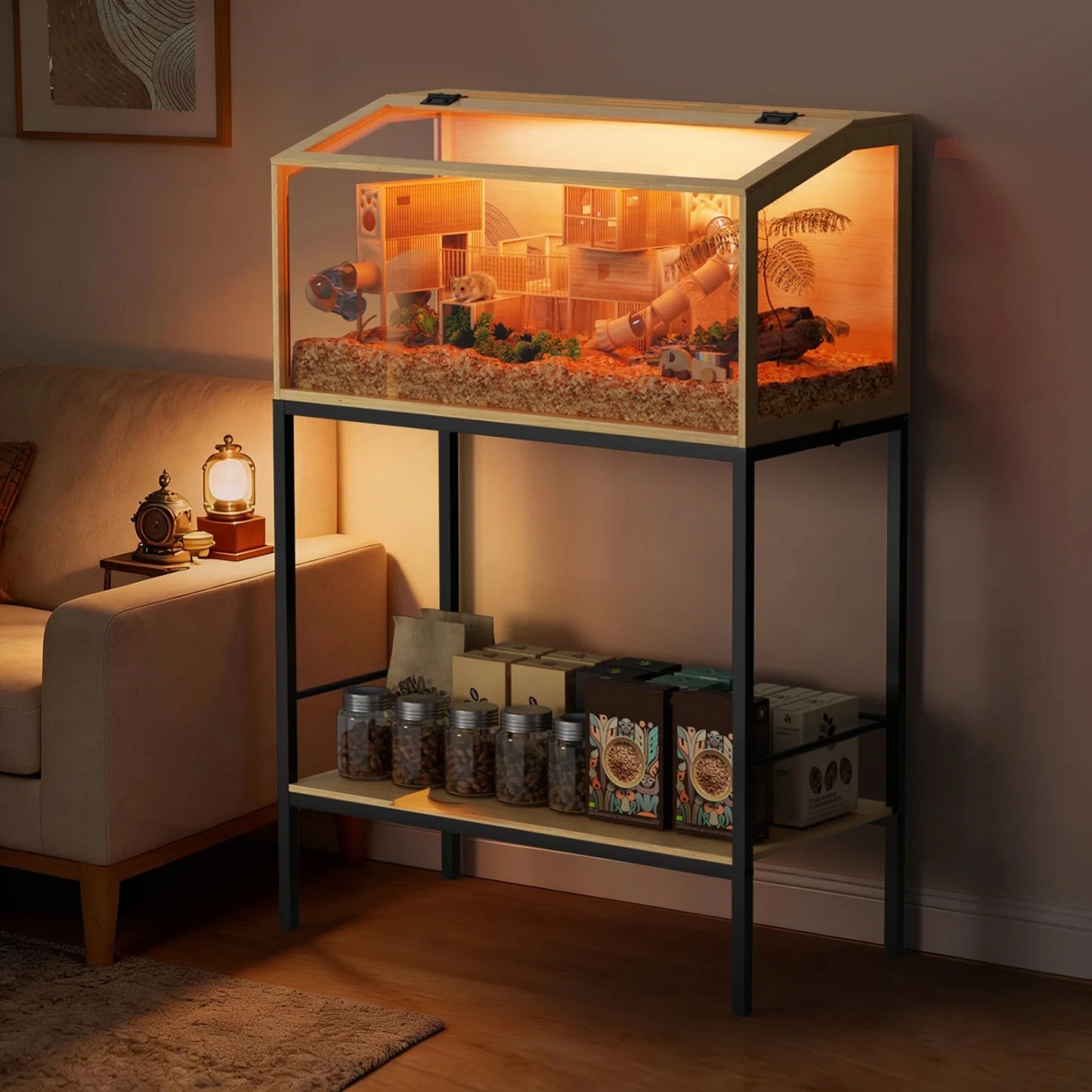 Chewproof Wooden Hamster Cage With Tempered Glass Panels LED Light