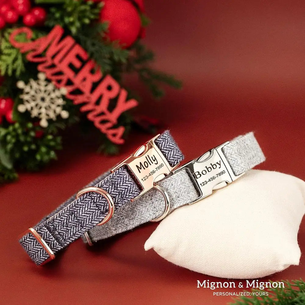 Personalized Dog Collar, Custom Pet Name and Contact Ino Engraved, Adjustable Cotton Collar or Small Dogs, Cats, and Puppies wit