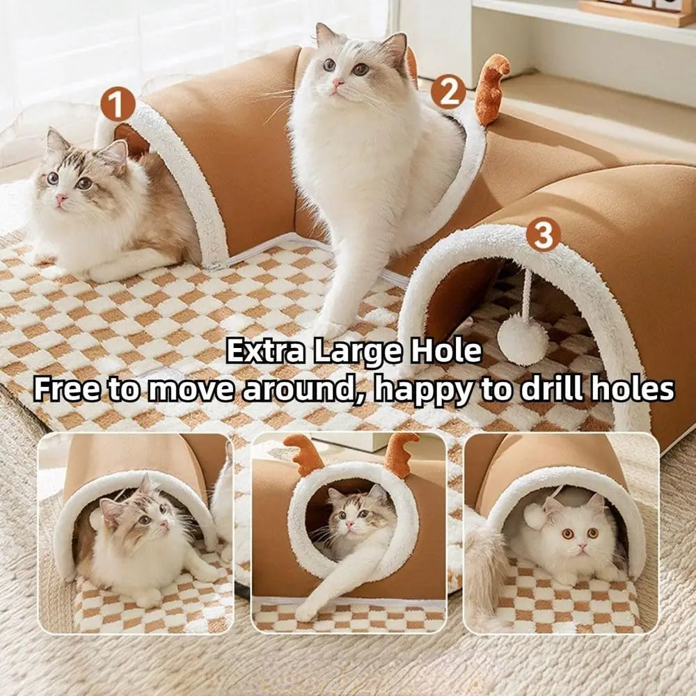 X-Large Brown Indoor Cat Tunnel Bed with Peekaboo Cave and Balls Toys, Removable Washable Cover for Small Dogs and Animals