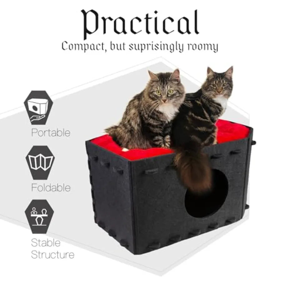 Gothic Cat Bed for Indoor Cats or Pets, Foldable as Halloween Cat House with Soft Cushion for Goth Bed, Gothic Cat House, Coffi