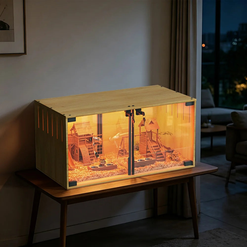 Wooden Hamster Cage Chewproof For Small Pets With Dual Doors
