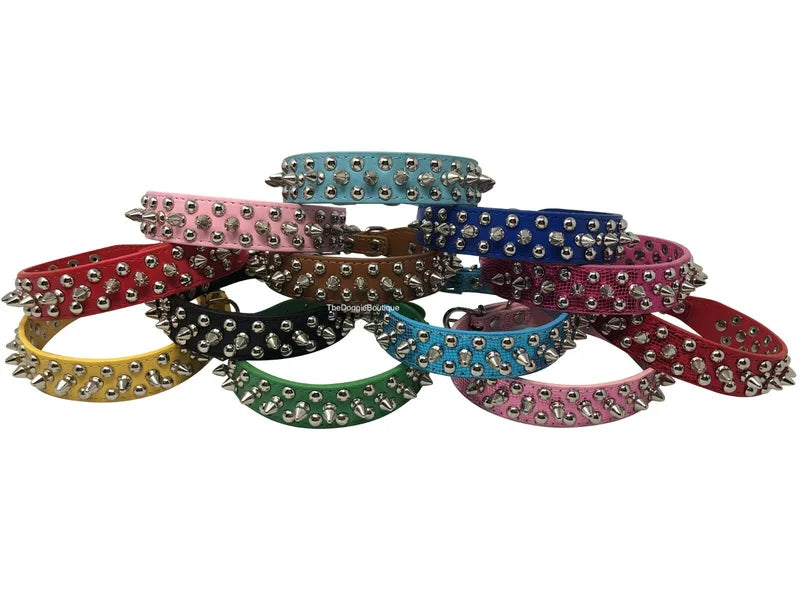 Dog Collar Studded& Spikes Rivet Adjustable 12 Colors Faux Leather  1" w  S M L