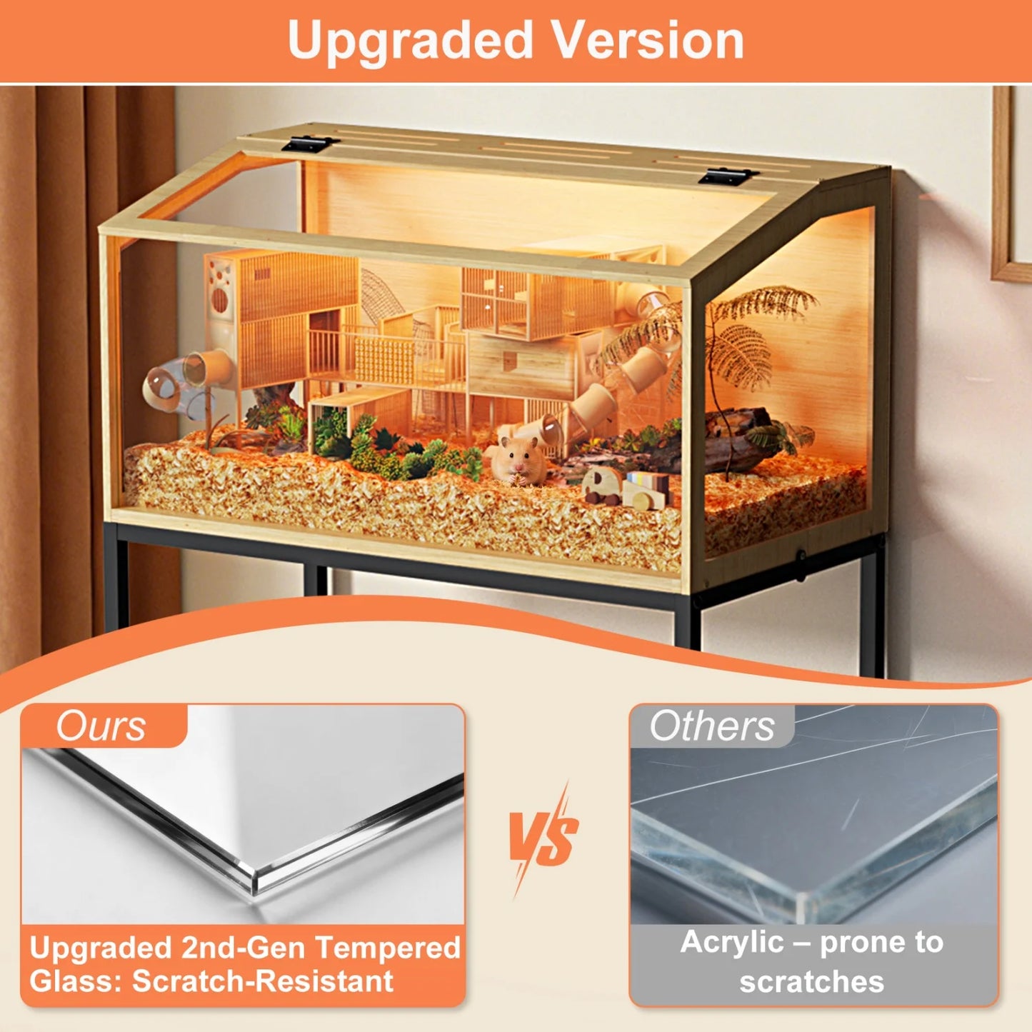 Chewproof Wooden Hamster Cage With Tempered Glass Panels LED Light