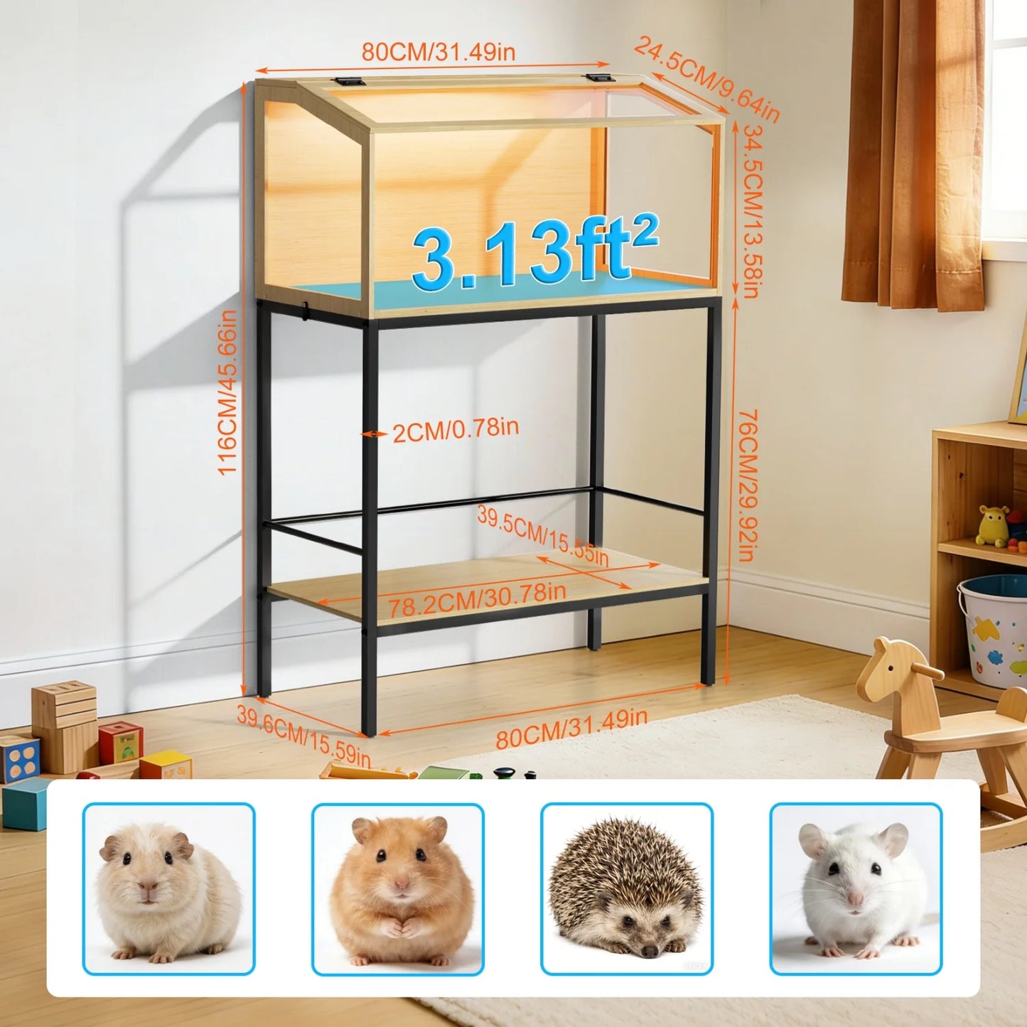 Chewproof Wooden Hamster Cage With Tempered Glass Panels LED Light
