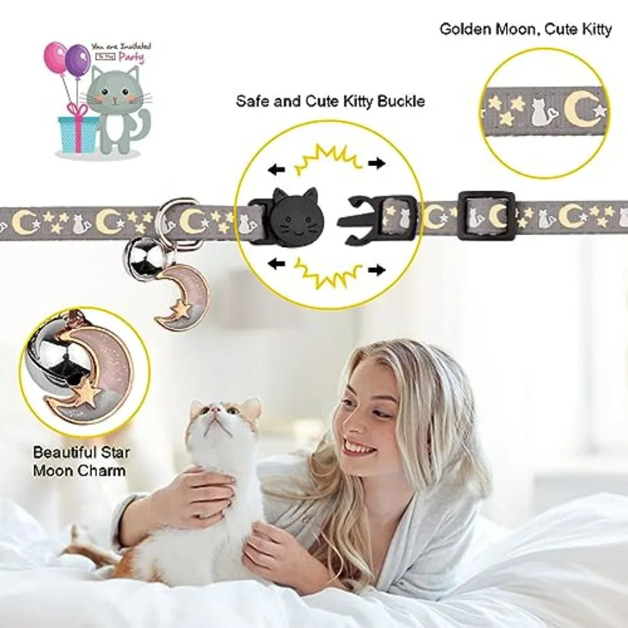 4PCS Cat Collar with Bells, Breakaway Cat Collars, Kitten Collar with Bell Moons Stars Cute Kitty Safe Kitten Collars with Pend