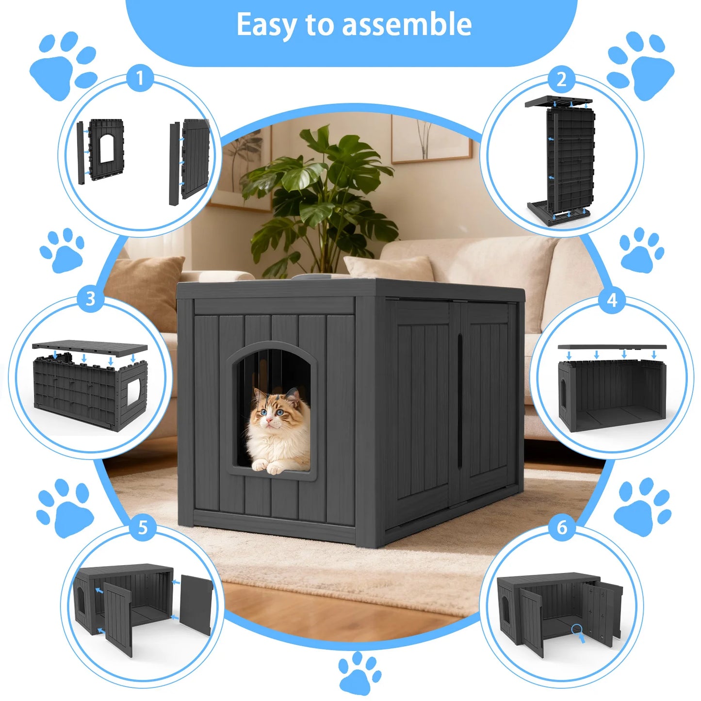 Hidden Resin Cat House Weatherproof Indoor Outdoor Shelter With Doors
