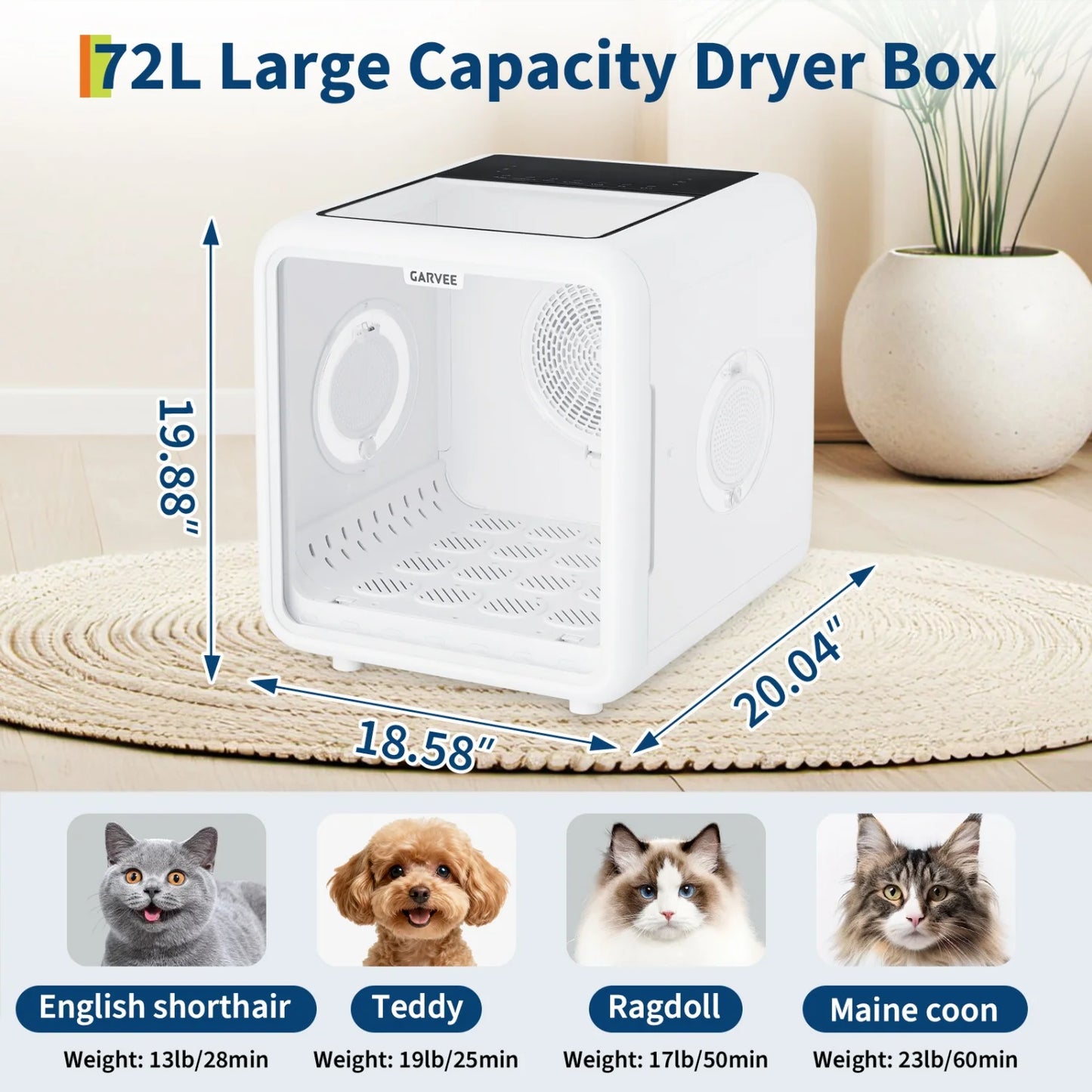 72L Automatic Pet Drying Box, 360° Efficient Pet Grooming Blower with 5 Air Outlets, Quiet Smart Temperature Control Pet Dryer Box for Cats Small Medium Dogs