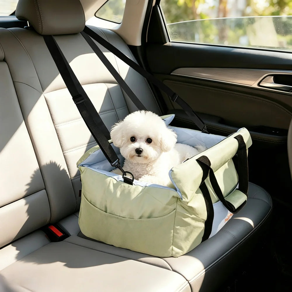 Portable Dog Car Seat Pet Dog Booster Seat Puppy Travel Carrier Bed with Safety Belt Storage Pocket Removable Washable Cover
