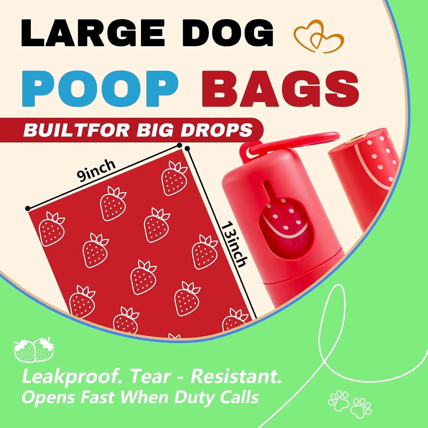 Strawberry Scented Dog Poop Bags - 360 Count, Extra Large 13x9 Inch Leak-Proof, Eco-Friendly Pet Waste Bags with Dispenser