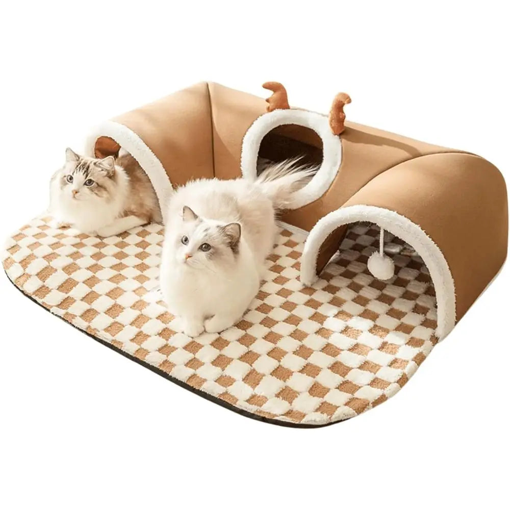 X-Large Brown Indoor Cat Tunnel Bed with Peekaboo Cave and Balls Toys, Removable Washable Cover for Small Dogs and Animals