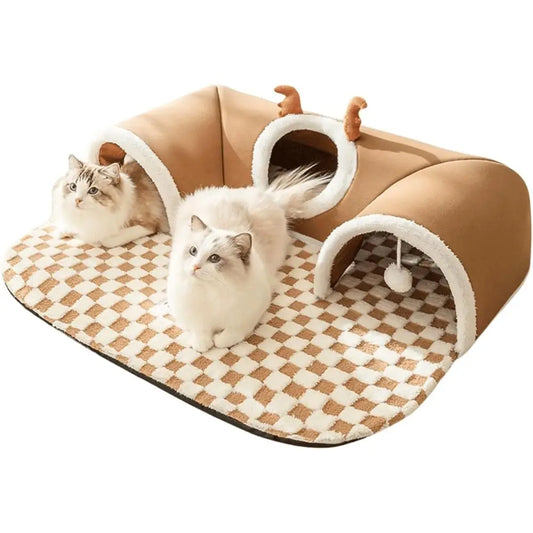 X-Large Brown Indoor Cat Tunnel Bed with Peekaboo Cave and Balls Toys, Removable Washable Cover for Small Dogs and Animals