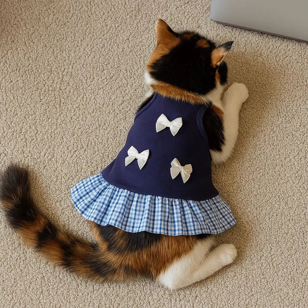Pet Apparel Korean Style Dog Princess Skirt Breathable Thin Pet Strap Dress Bowknot Plaid Soft Pet Summer Clothes for Puppy Cats