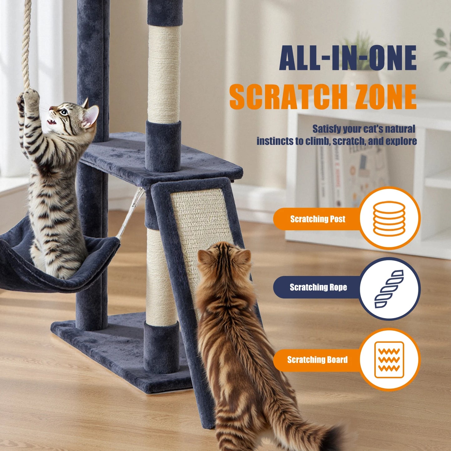 MCQ 63IN Cat Tree Tower Natural Sisal Scratching Posts Multi Level Cat Climbing Tower with Condo Pet House for Indoor Cats