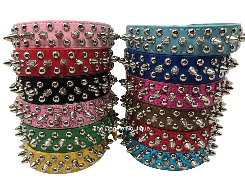 Dog Collar Studded& Spikes Rivet Adjustable 12 Colors Faux Leather  1" w  S M L