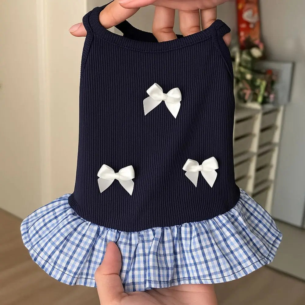 Pet Apparel Korean Style Dog Princess Skirt Breathable Thin Pet Strap Dress Bowknot Plaid Soft Pet Summer Clothes for Puppy Cats