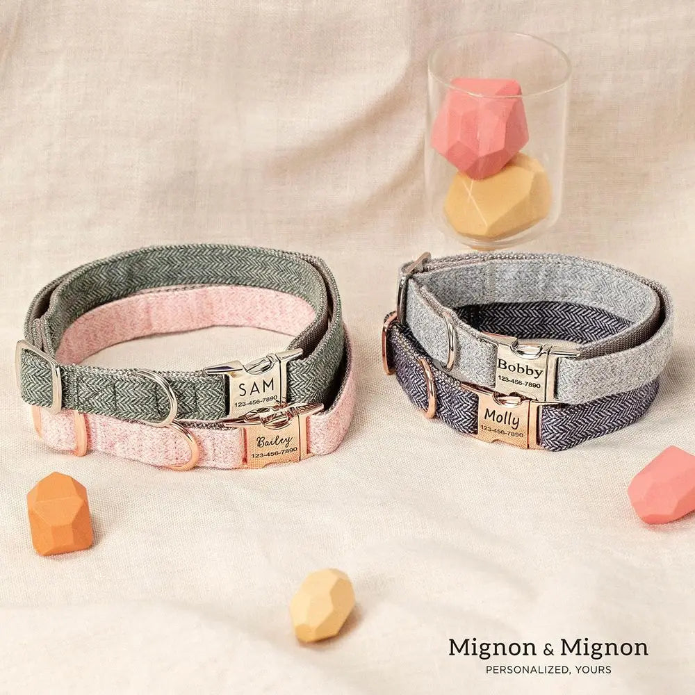 Personalized Dog Collar, Custom Pet Name and Contact Ino Engraved, Adjustable Cotton Collar or Small Dogs, Cats, and Puppies wit