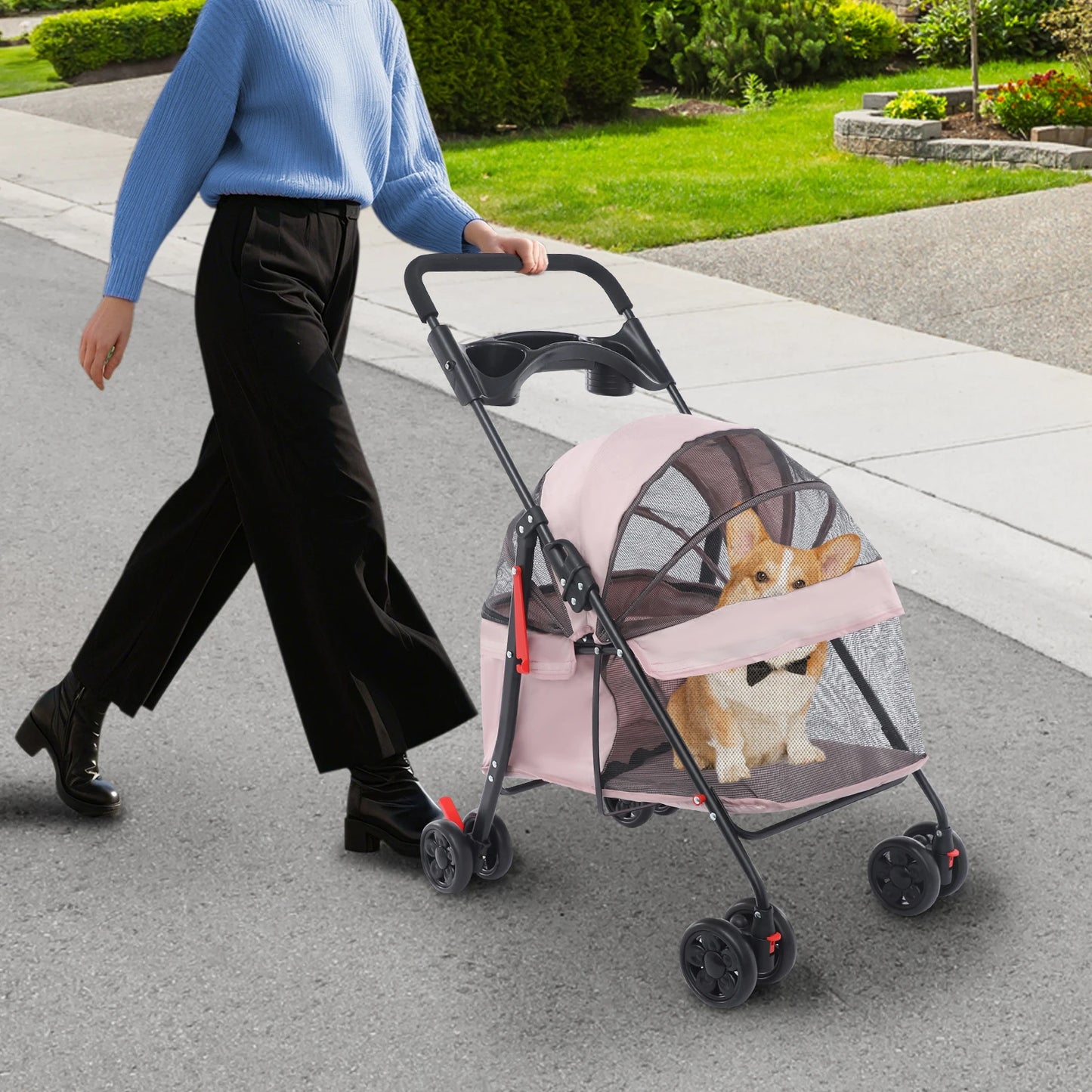 Pale Pinkish Grey Foldable Pet Cart—Carbon Steel/Oxford Cloth 40lbs Load+360°Front Wheels 23.62x13.39x20.87in Basket Rear Brakes