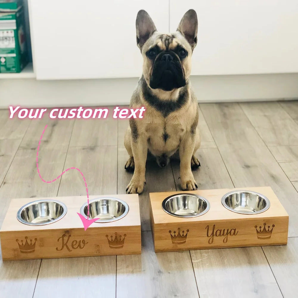 Personalized Two In One Pet Feeder With Stainless Steel Bowls Pet Name Engraving