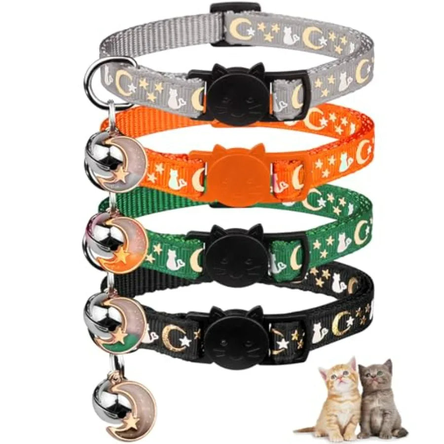 4PCS Cat Collar with Bells, Breakaway Cat Collars, Kitten Collar with Bell Moons Stars Cute Kitty Safe Kitten Collars with Pend
