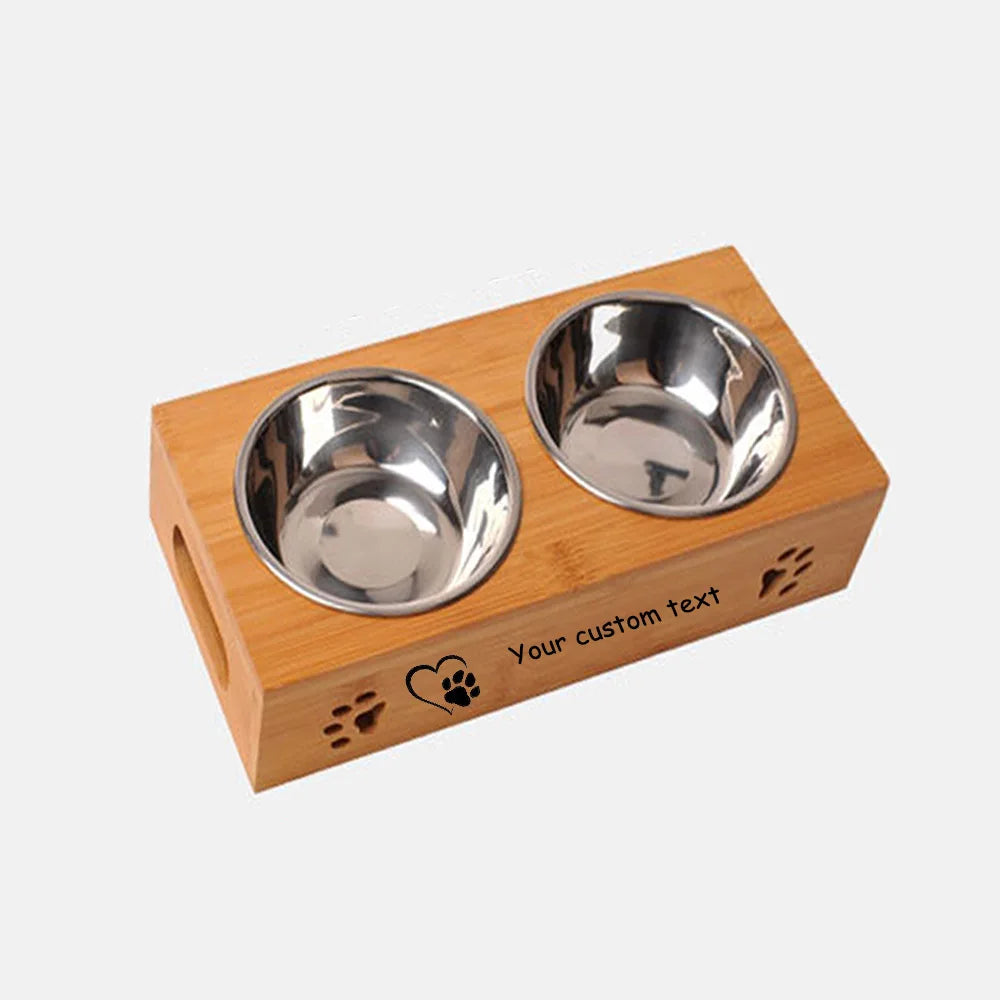 Personalized Two In One Pet Feeder With Stainless Steel Bowls Pet Name Engraving