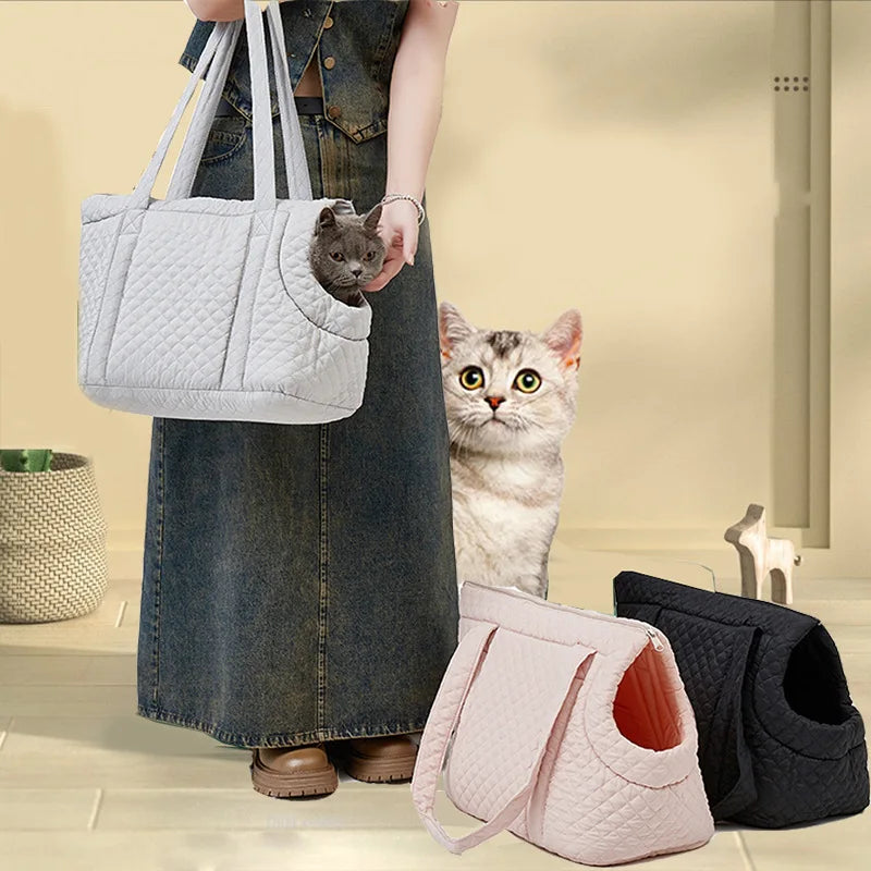 Ultra Light Quilted Pet Carrier Bag For Cats With Shoulder