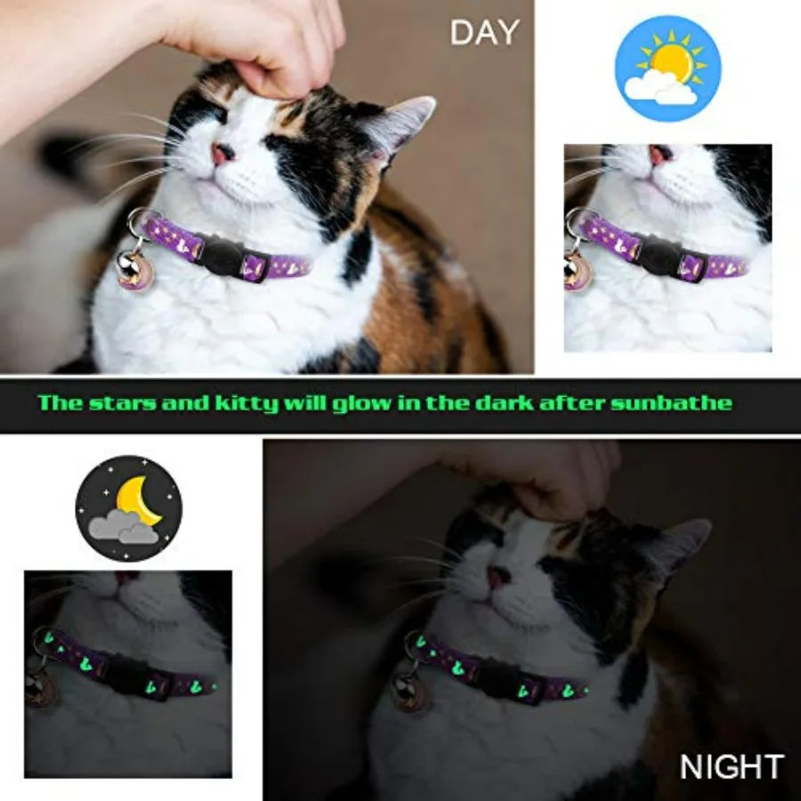 4PCS Cat Collar with Bells, Breakaway Cat Collars, Kitten Collar with Bell Moons Stars Cute Kitty Safe Kitten Collars with Pend