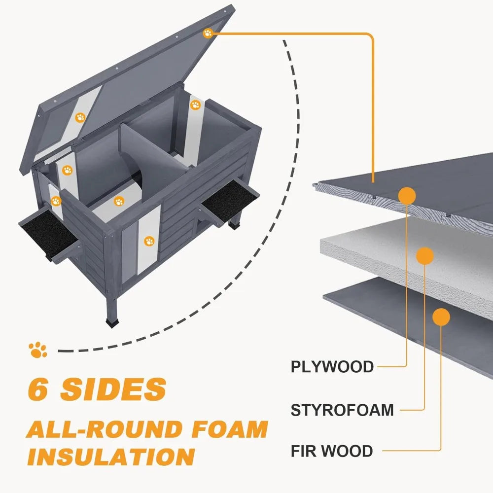 Weatherproof Insulated Outdoor Cat House with Heating Pad - Feral Cat Shelter for Winter, Escape Door, and PVC Curtain