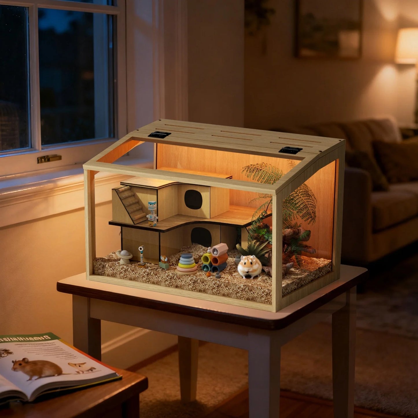 Chewproof Wooden Hamster Cage With Tempered Glass Panels LED Light