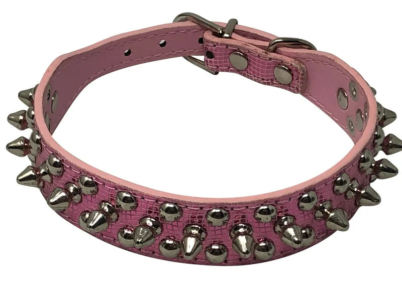 Dog Collar Studded& Spikes Rivet Adjustable 12 Colors Faux Leather  1" w  S M L