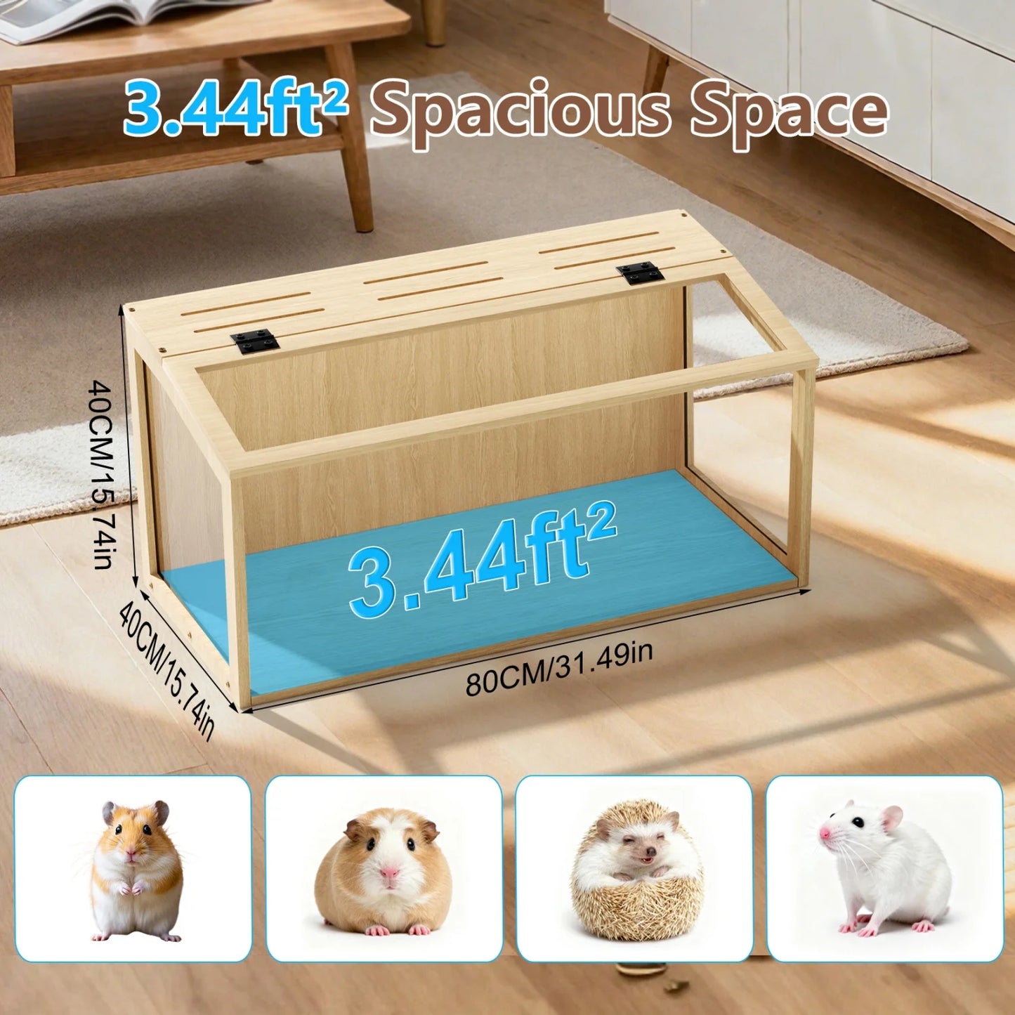Chewproof Wooden Hamster Cage With Tempered Glass Panels LED Light
