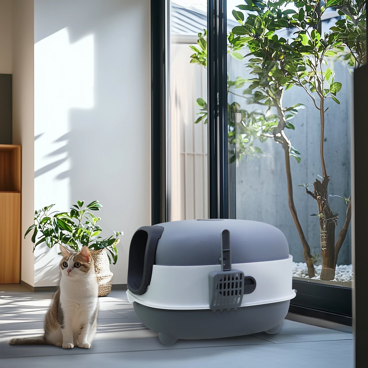 Large Enclosed Cat Litter Box Hooded Kitty Pan Box Front Entry Toilet Tray with Litter Scoop Anti-Splashing