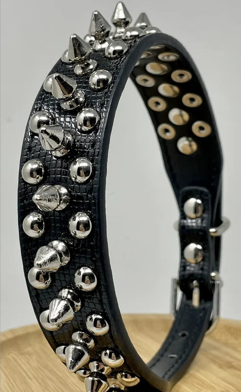 Dog Collar Studded& Spikes Rivet Adjustable 12 Colors Faux Leather  1" w  S M L