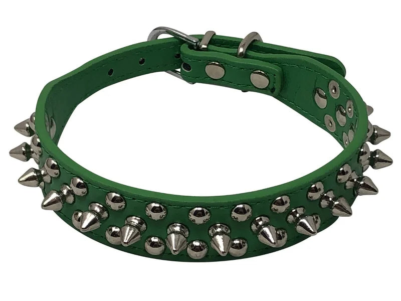 Dog Collar Studded& Spikes Rivet Adjustable 12 Colors Faux Leather  1" w  S M L