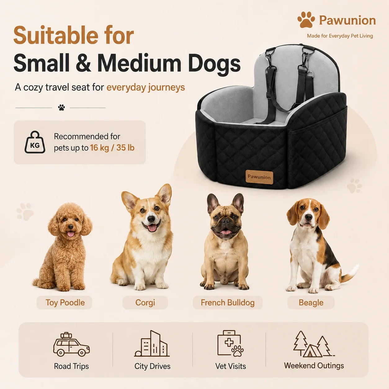 Dog Car Seat With Memory Foam Booster And Washable Cover