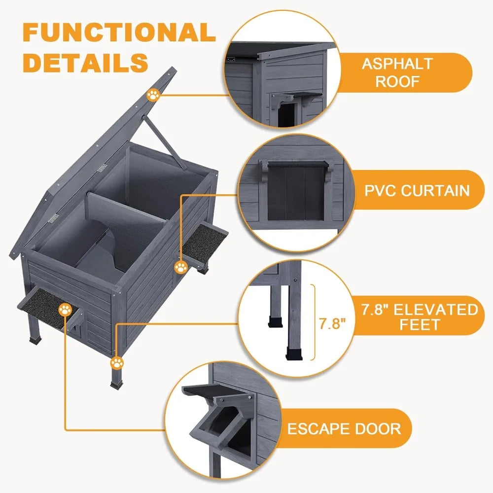 Weatherproof Insulated Outdoor Cat House with Heating Pad - Feral Cat Shelter for Winter, Escape Door, and PVC Curtain