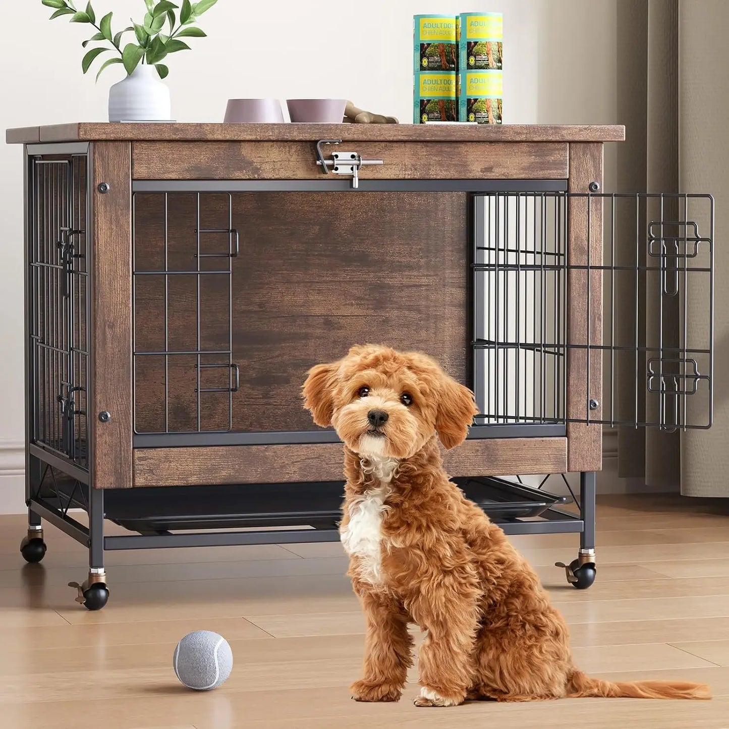 HiMISS Rustic Wood Metal Dog Crate Furniture With Wheels