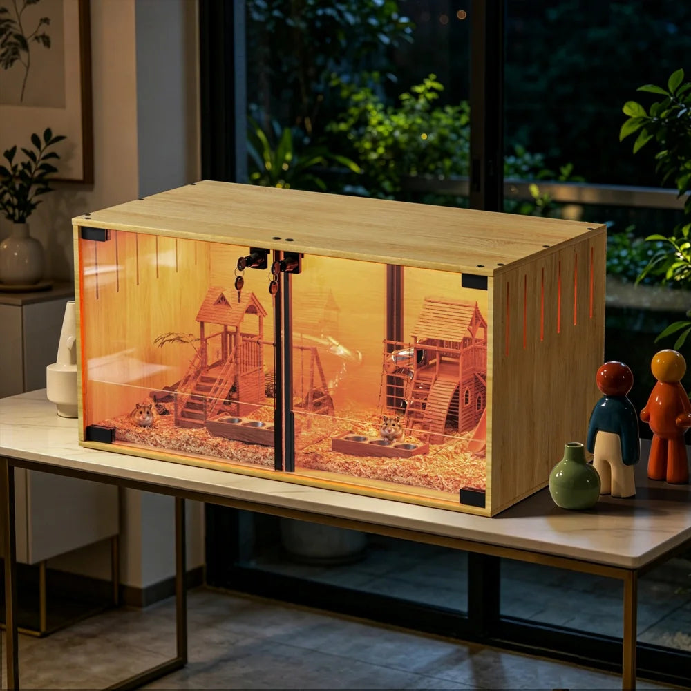Wooden Hamster Cage Chewproof For Small Pets With Dual Doors