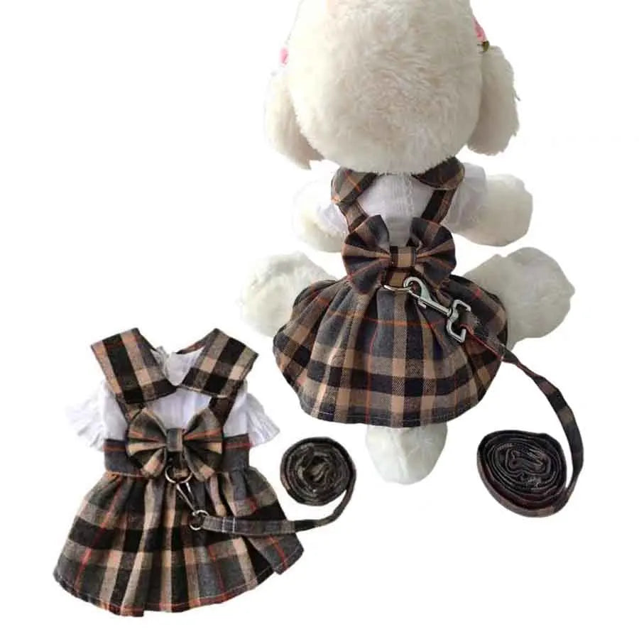 1pc Cute Dog Clothes Plaid Dress With Bowknot Back, Adjustable Leash, Suitable For Cats Dogs Pets, Spring Summer Daily Outfit