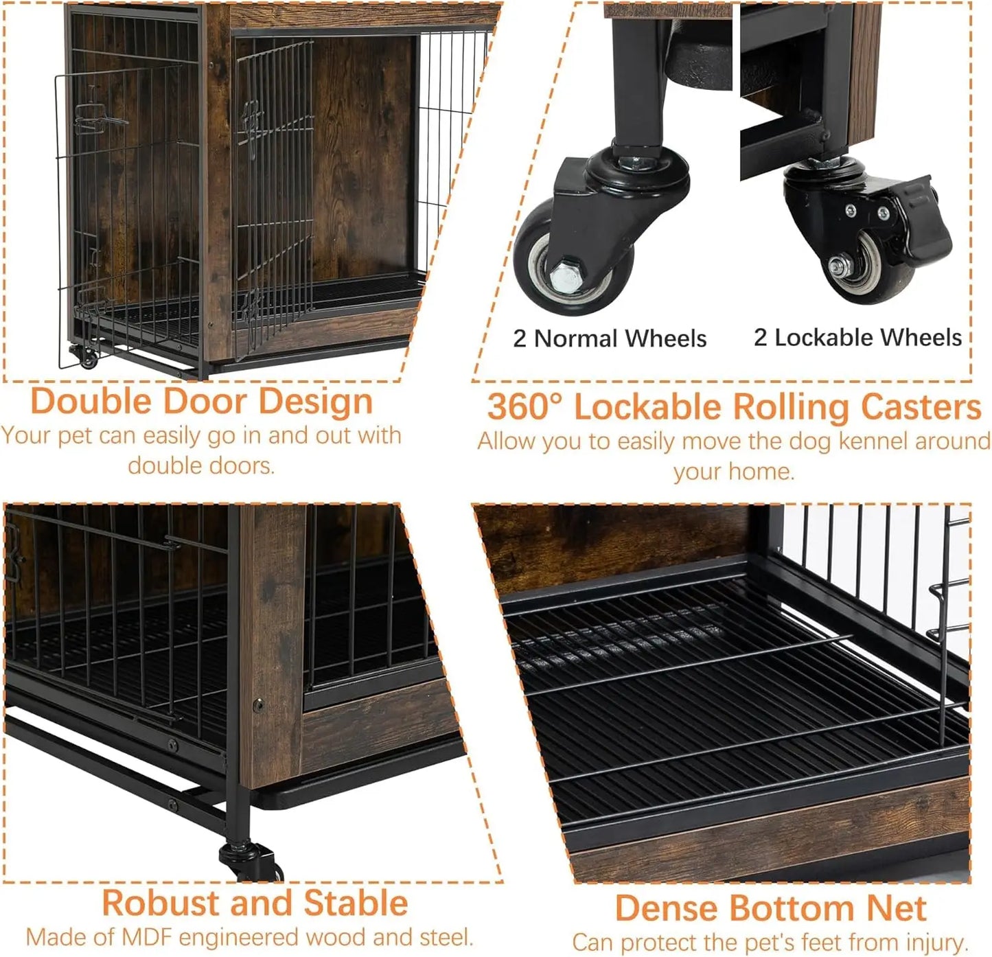HiMISS Rustic Wood Metal Dog Crate Furniture With Wheels