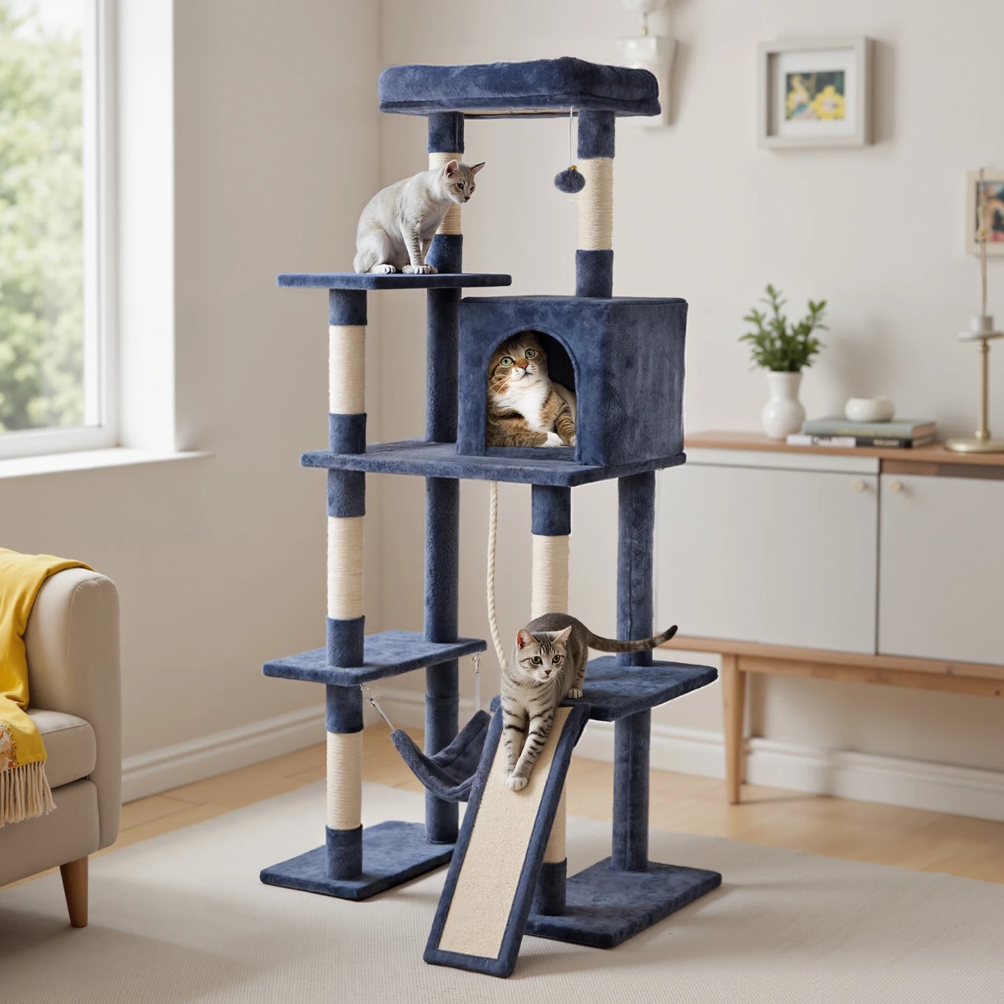 MCQ 63IN Cat Tree Tower Natural Sisal Scratching Posts Multi Level Cat Climbing Tower with Condo Pet House for Indoor Cats