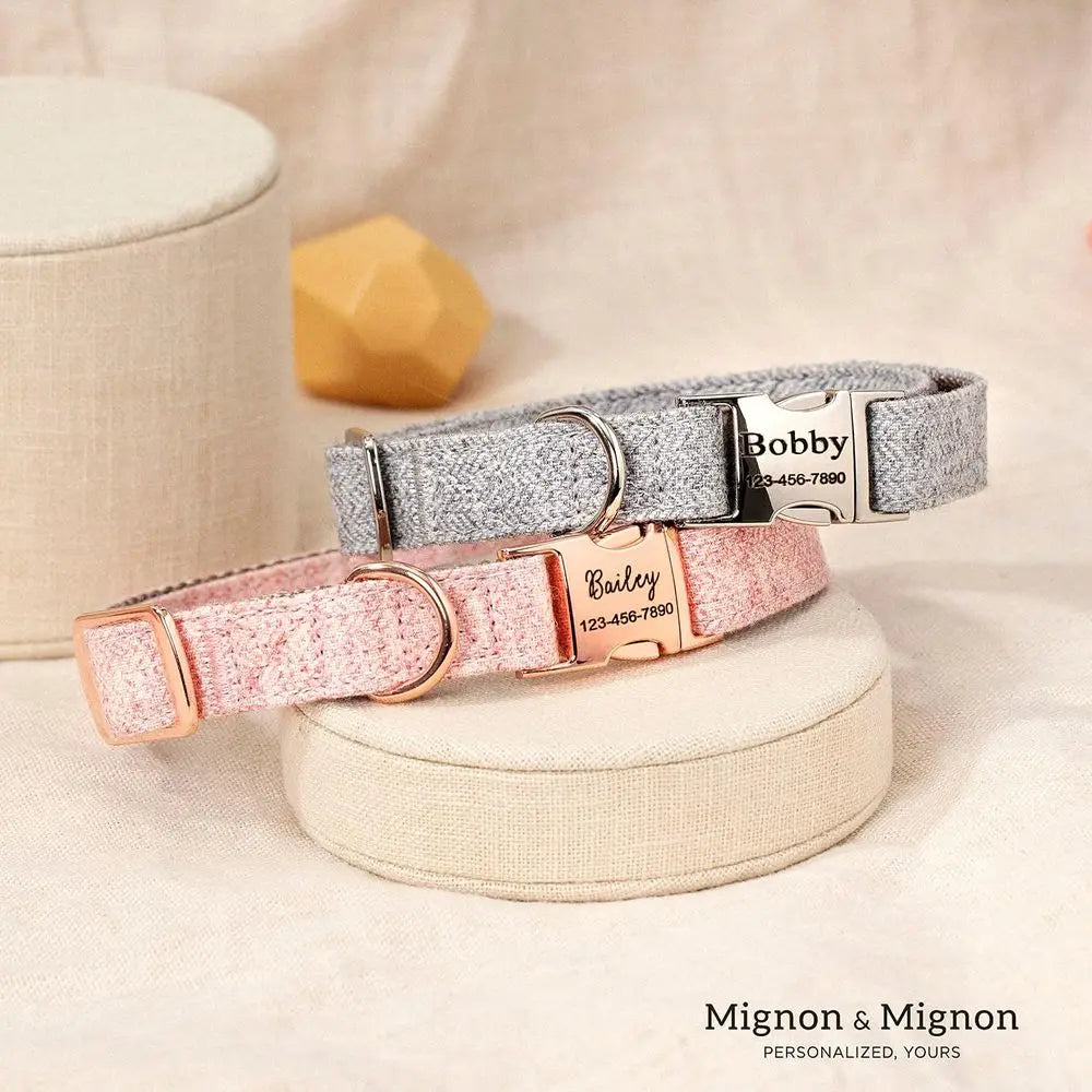 Personalized Dog Collar, Custom Pet Name and Contact Ino Engraved, Adjustable Cotton Collar or Small Dogs, Cats, and Puppies wit