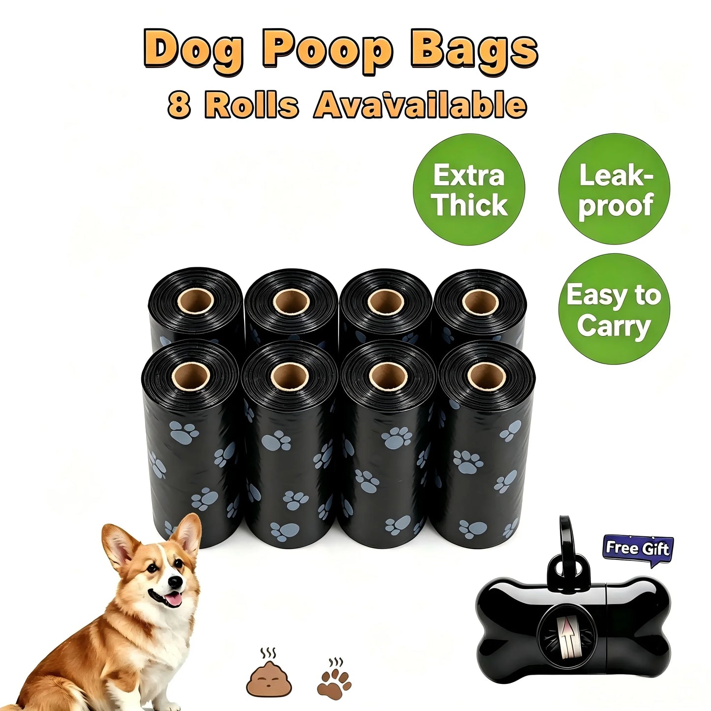 Dog Poop Bags 8 Rolls Paw Print Pattern Leak-Proof Extra Thick Pet Waste Bags Portable Disposable Puppy Walking Clean Garbage Bags