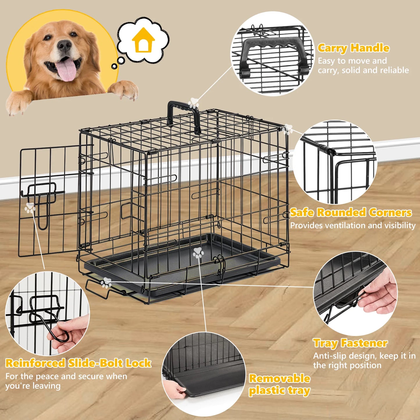 JHK Metal Dog Crate With Secure Lock And Foldable Tray