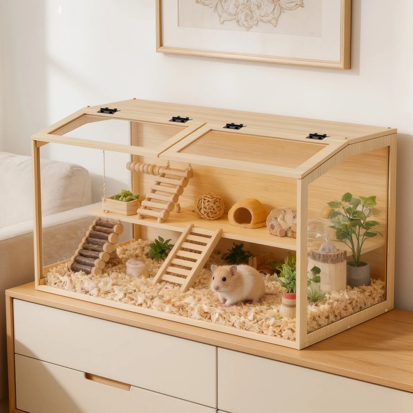 Chewproof Wooden Hamster Cage With Tempered Glass Panels LED Light