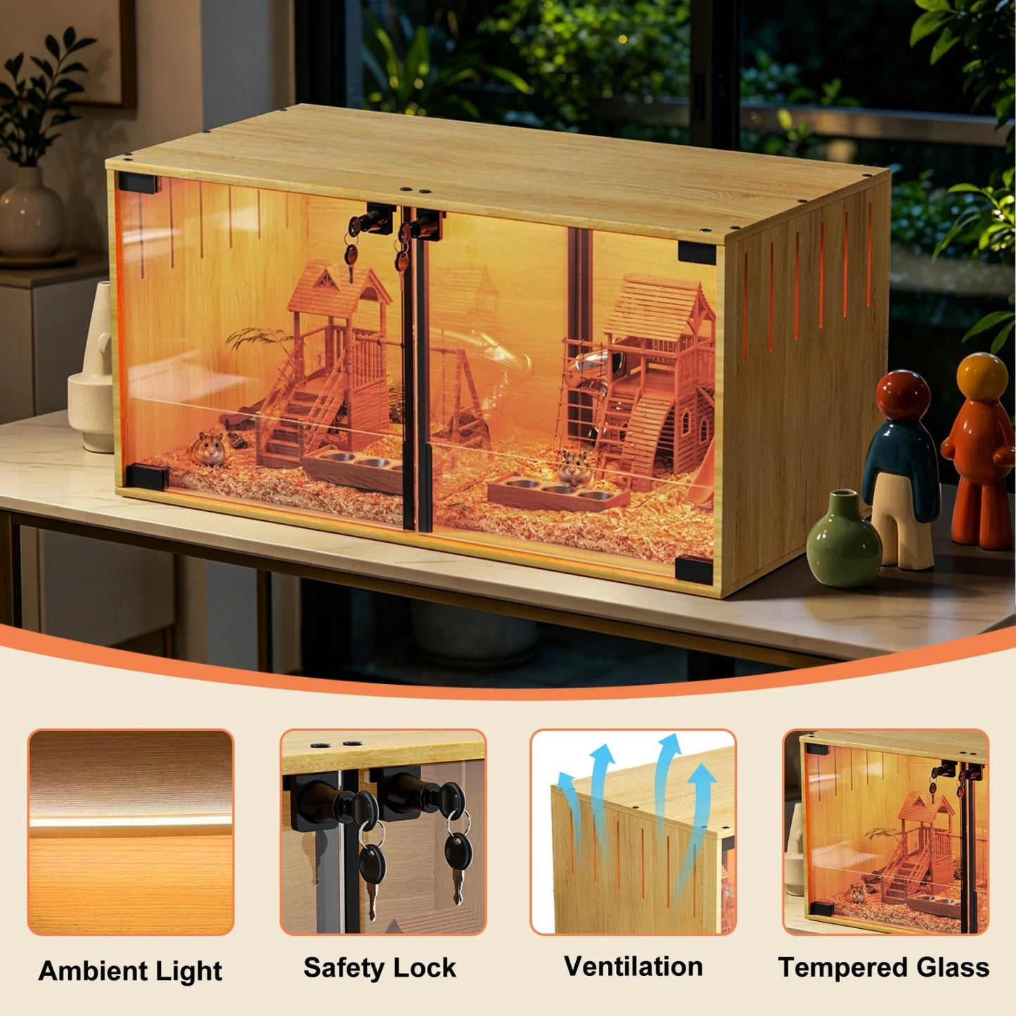 Wooden Small Pets Cage With Removable Divider Chewproof Tempered Glass
