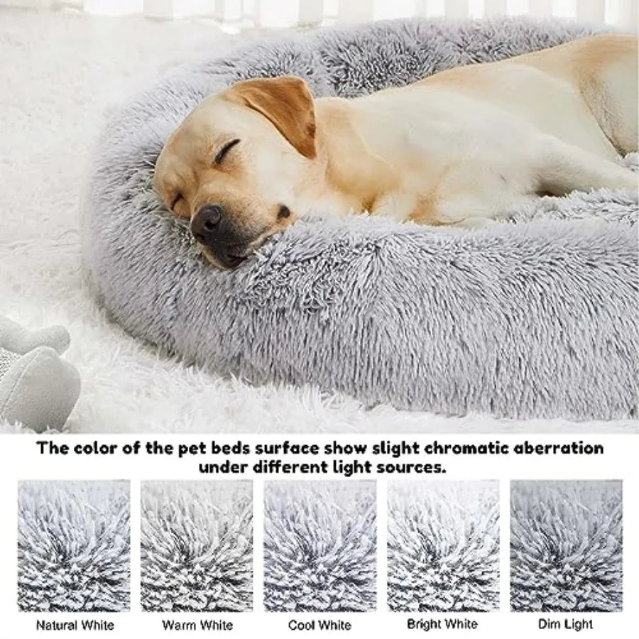 Calming anti-anxiety donut dog cuddler bed for small medium dogs and cats faux fur plush beige ultra-soft warming cozy round cu