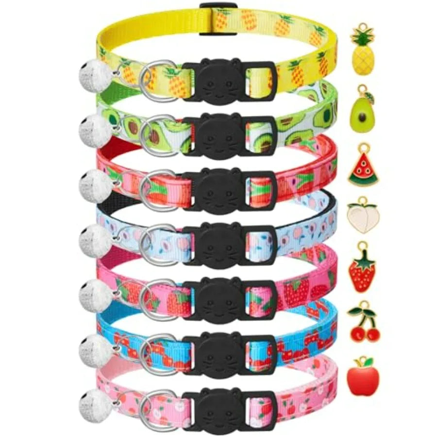 7 Pack Breakaway Cat Collars with Bells and Fruit Pendants, Safety Kitten Collar, Adjustable, Ideal for Girl Cats Boy Male Cats
