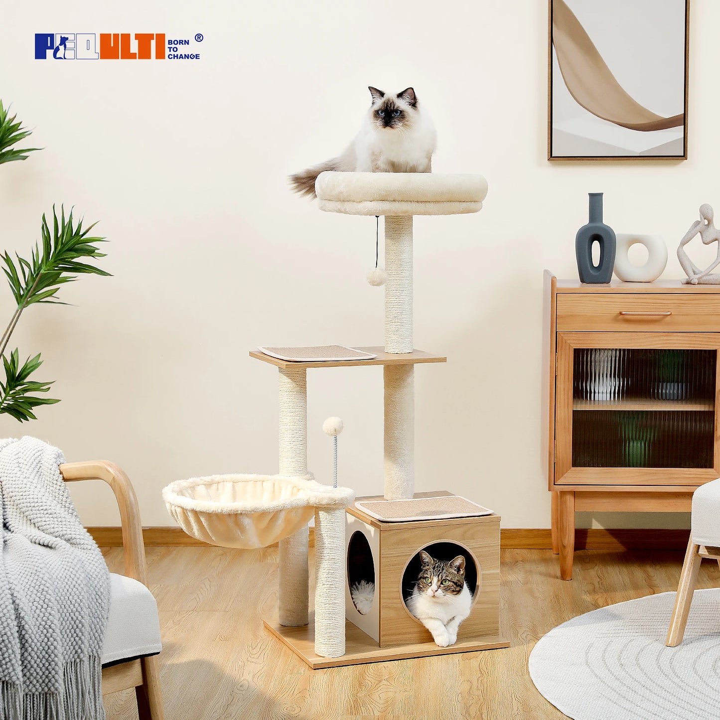 PAWZ Road Modern Cat Tree Three Level Wood Cat Tower