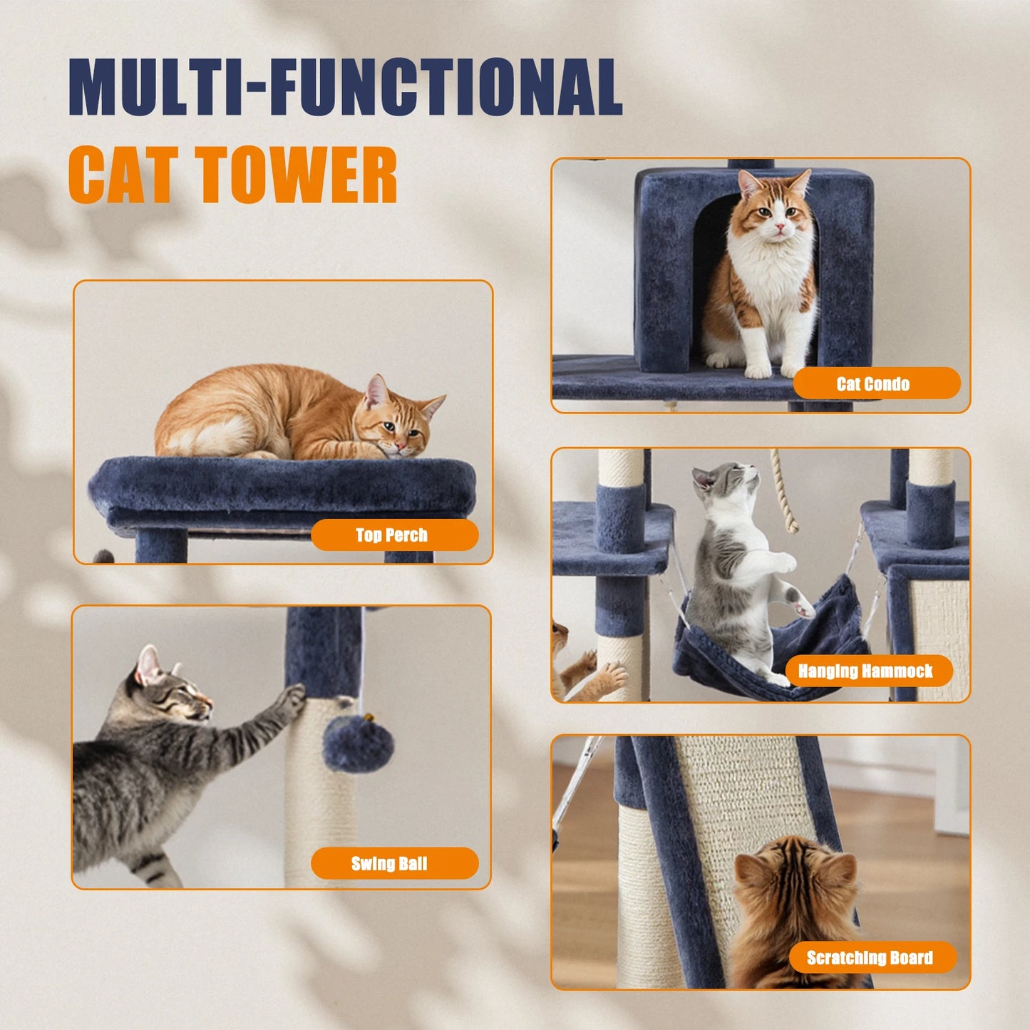 MCQ 63IN Cat Tree Tower Natural Sisal Scratching Posts Multi Level Cat Climbing Tower with Condo Pet House for Indoor Cats